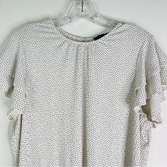 Adrianna Papell white black polka dot ruffle pleated stretch blouse top large - Picture 2 of 8